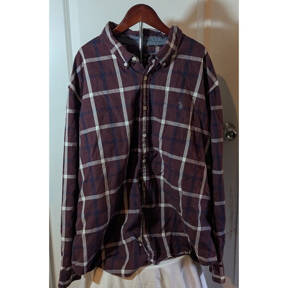 US Polo Assn Mens Maroon Plaid Collared Long Sleeves Button Down Shirt Size Xxl - Picture 1 of 2